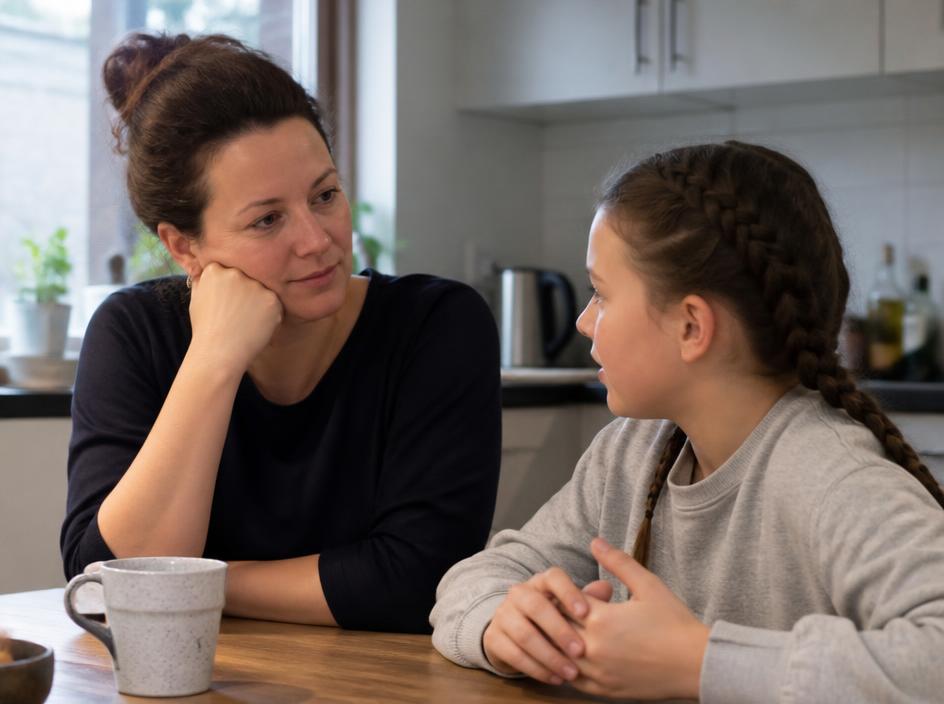 En vuxen kvinna samtalar med en flicka i tioårsåldern vid ett köksbord
